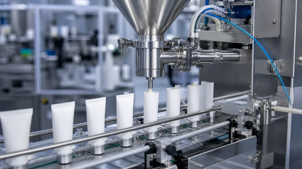 Precision filling nozzle dispensing veterinary ointment into tubes