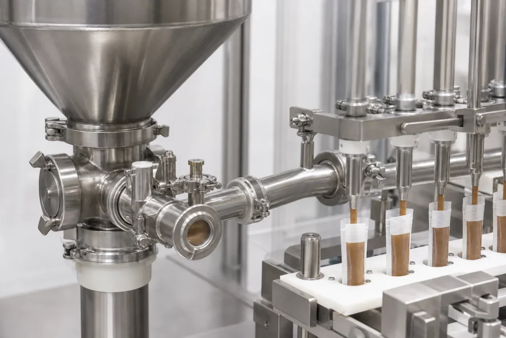 Sanitary product transfer and filling process for pet nutritional paste