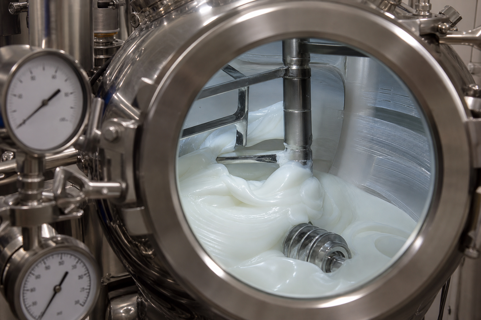 Vacuum emulsifying mixer homogenizing veterinary ointment seen through the tank viewport