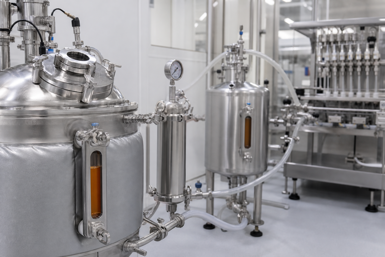 Stainless steel mixing tanks transferring veterinary spot-on liquid toward the filler