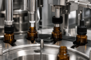 Dropper insert and cap placement on amber bottles on a filling-capping line