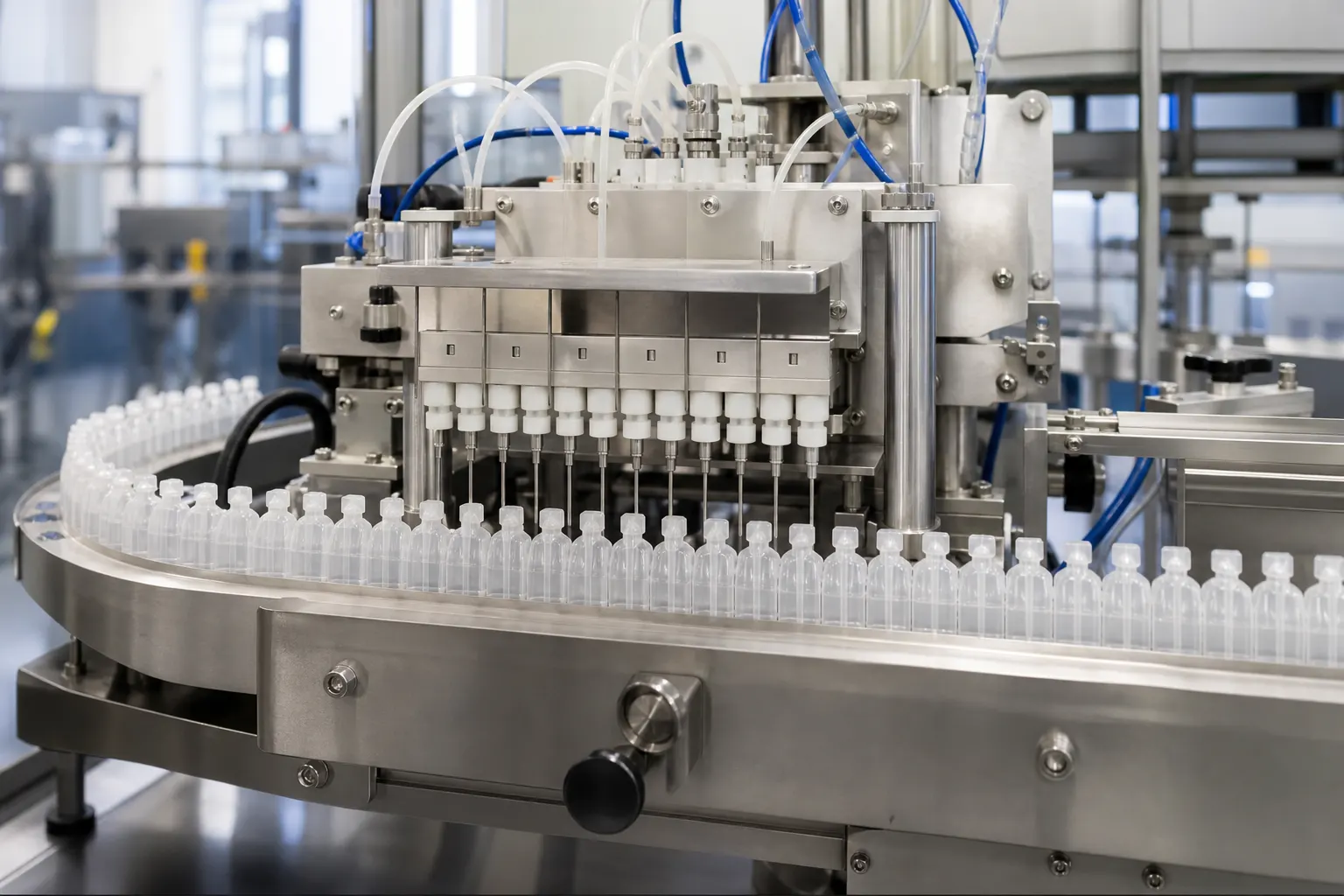 Small bottles moving through an oral liquid filling station