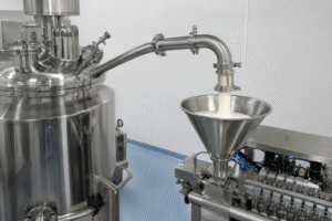 White veterinary ointment discharging from a sanitary pipe into a stainless-steel filling hopper.