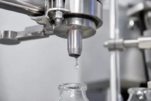 Stainless-steel filling nozzle releasing a liquid droplet into a glass bottle on the filling station