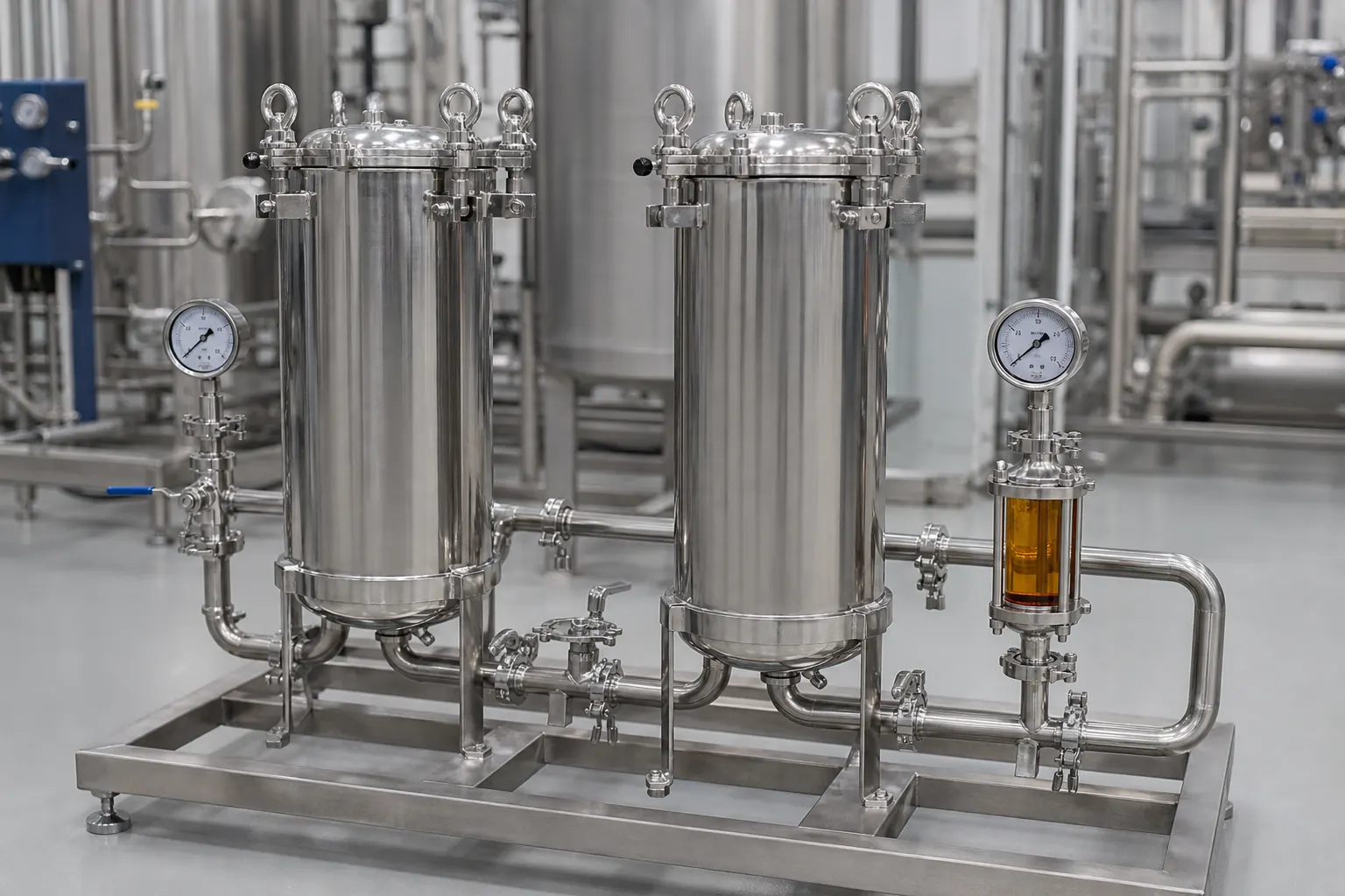Twin stainless-steel filter housings with valves, pressure gauges, and amber liquid visible in a sight glass
