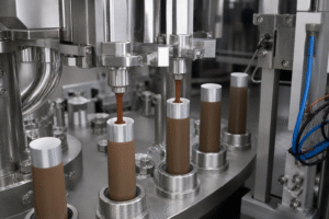 Multi-nozzle station dispensing thick paste into cylindrical tubes