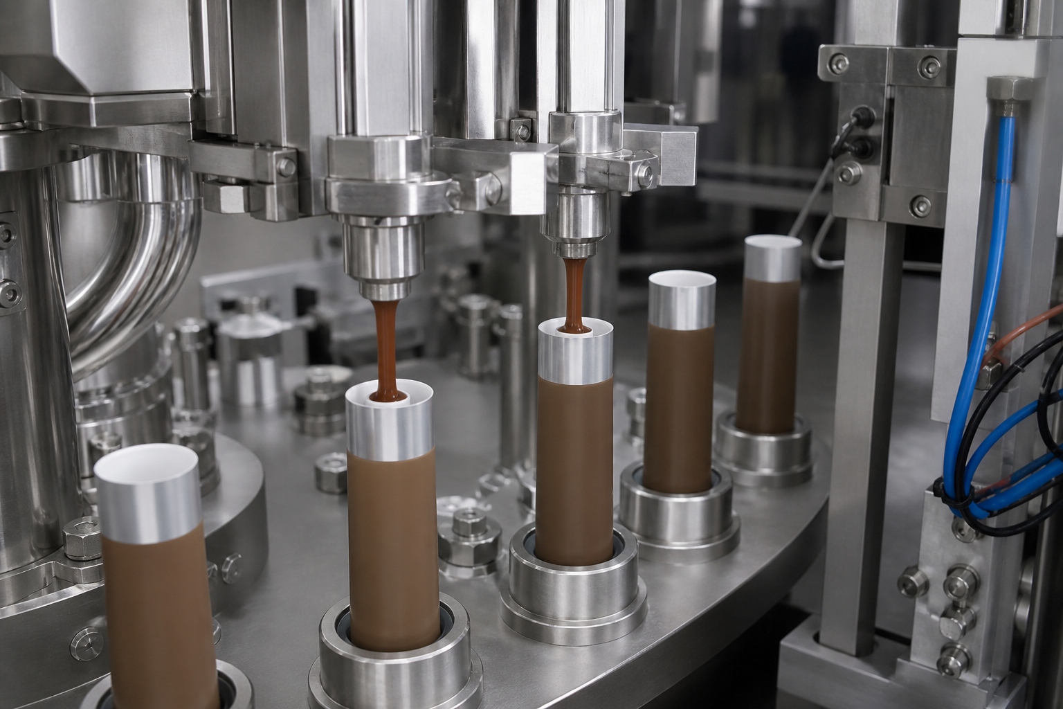 Operators fill brown paste tubes with a clean dosing nozzle
