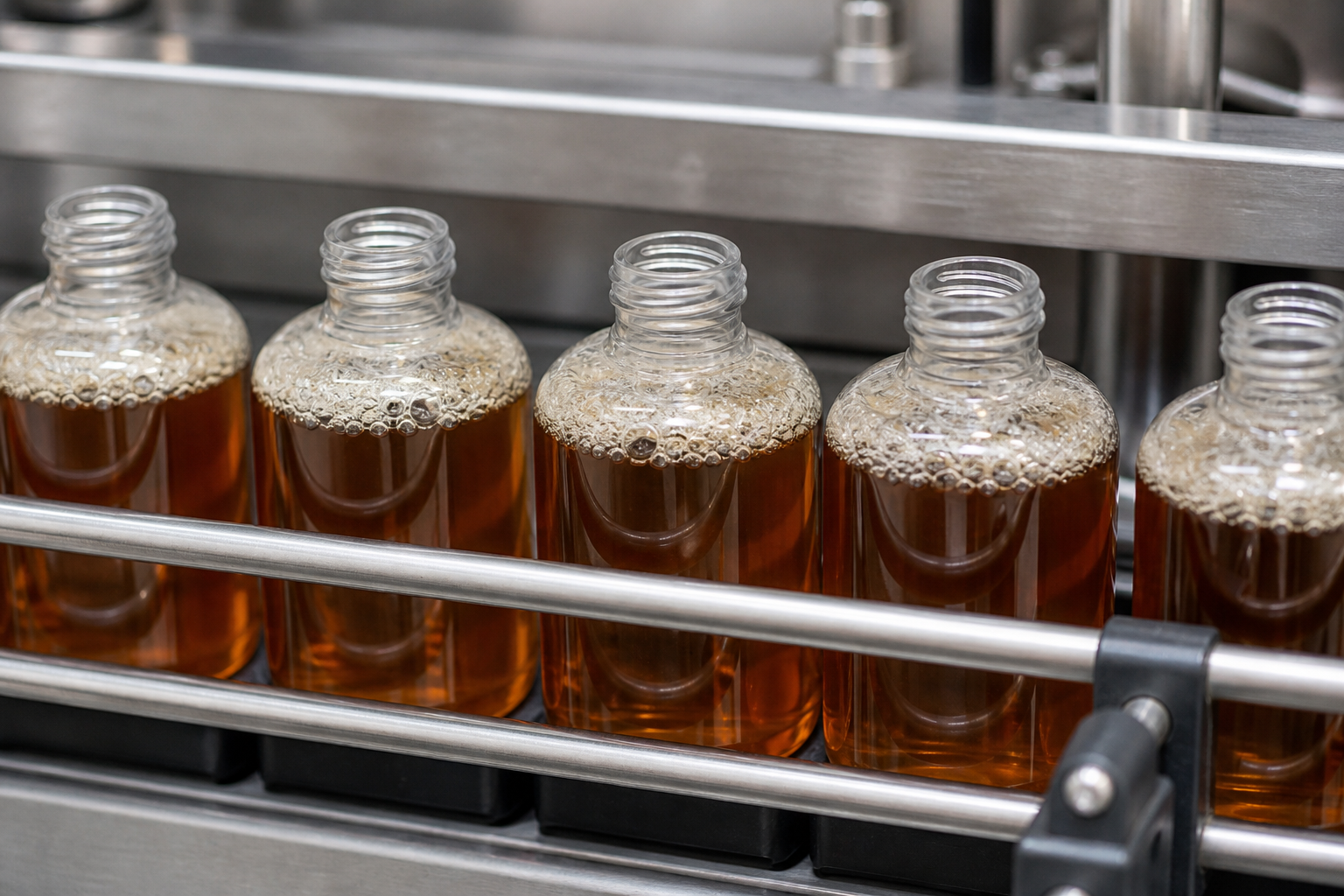 Clear supplement bottles move through a foam-controlled filling line
