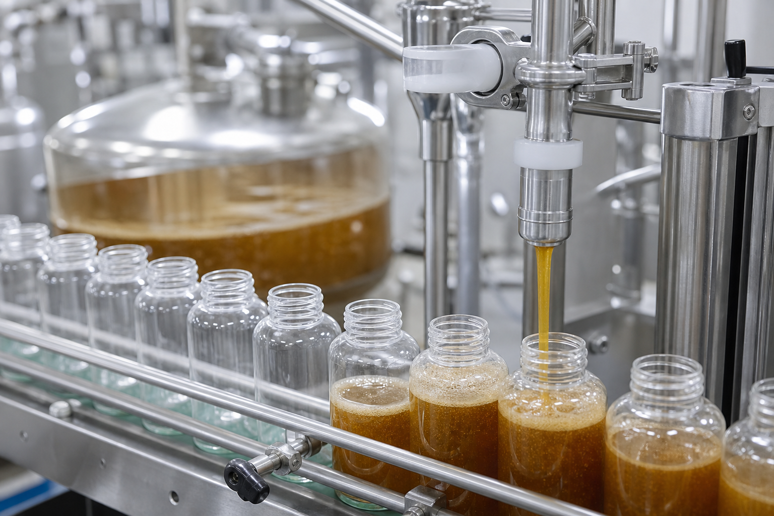 Pet oral liquid supplement filling line controlling foam in clear bottles