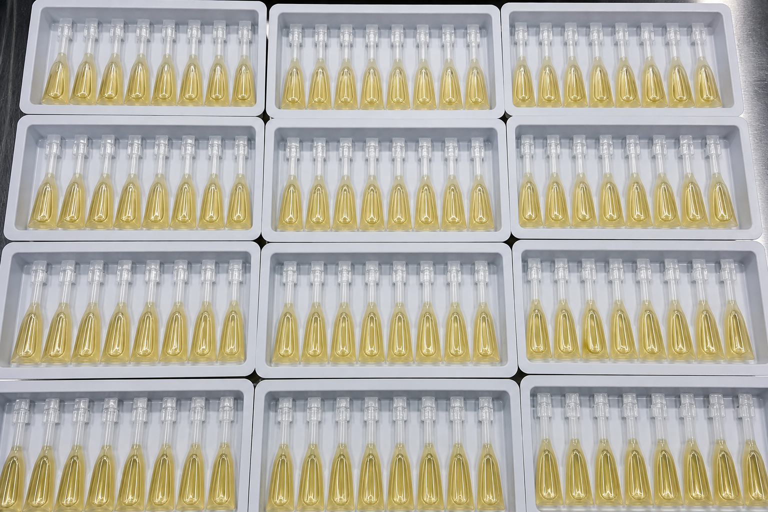 Filled veterinary spot-on pipettes in trays after the filling lineFilled veterinary spot-on pipettes in trays after the filling line