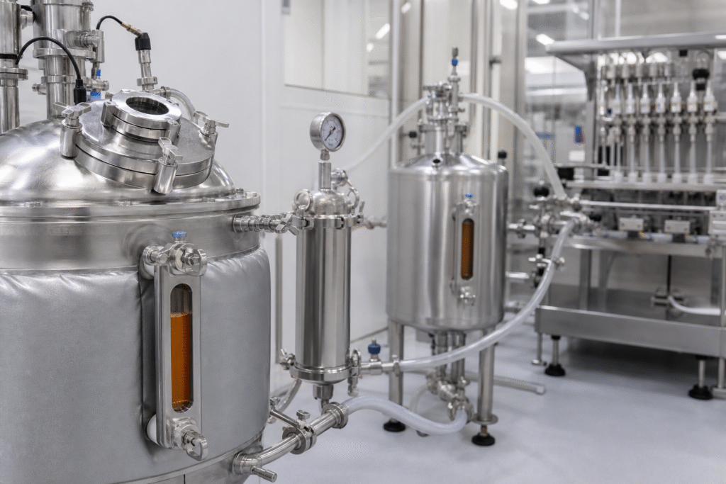 Stainless mixing tanks feeding a veterinary spot-on filling line