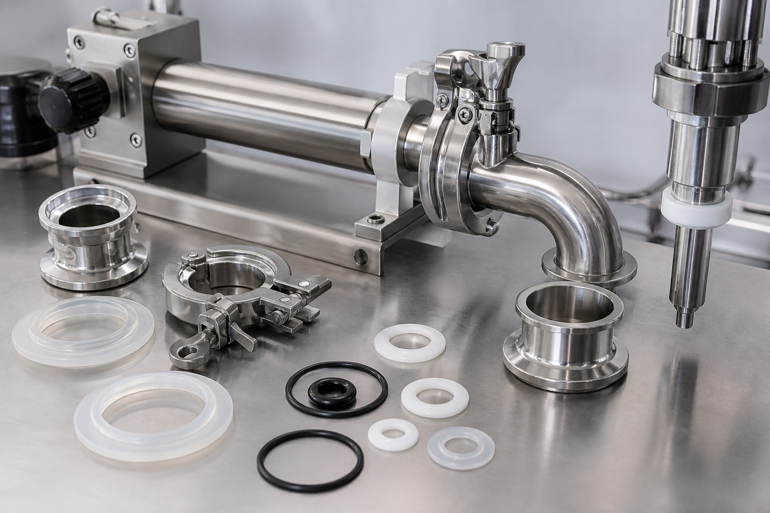 Stainless wetted parts and silicone EPDM PTFE gaskets for a veterinary filling machine