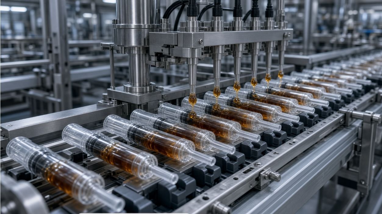 Clear gel bait syringe cartridges on stainless filling conveyor