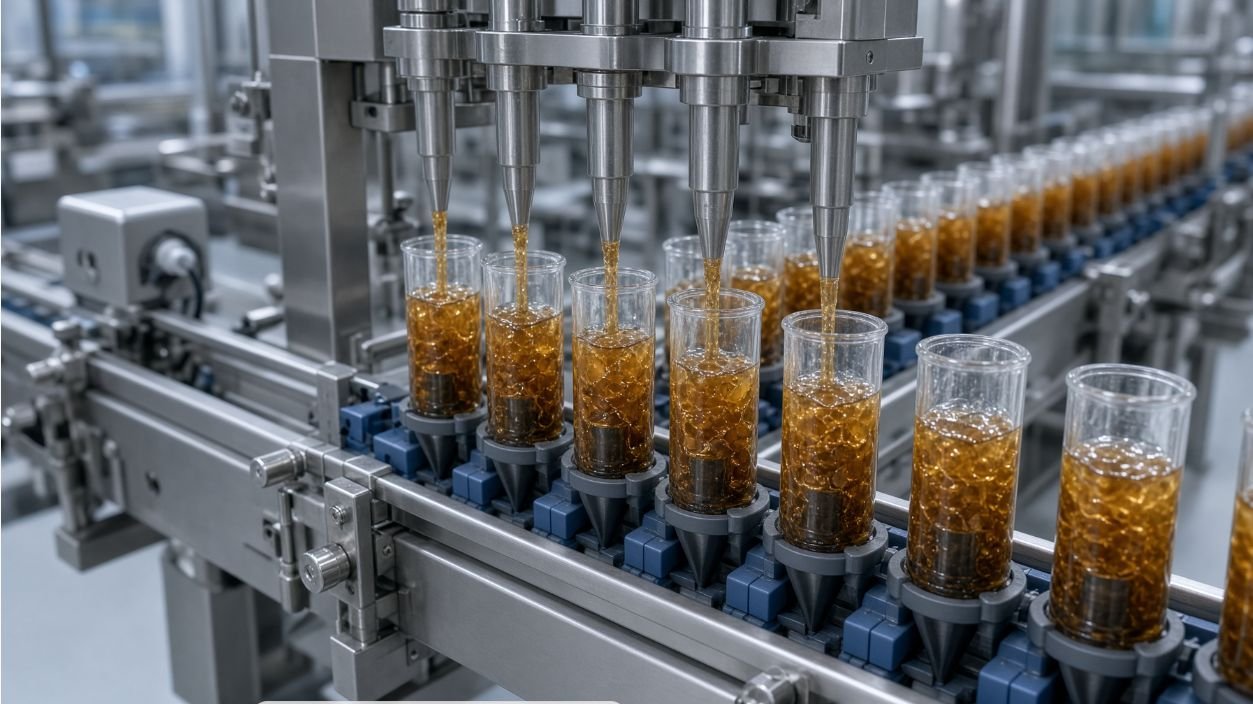 Precision nozzles dosing viscous gel into bait syringes