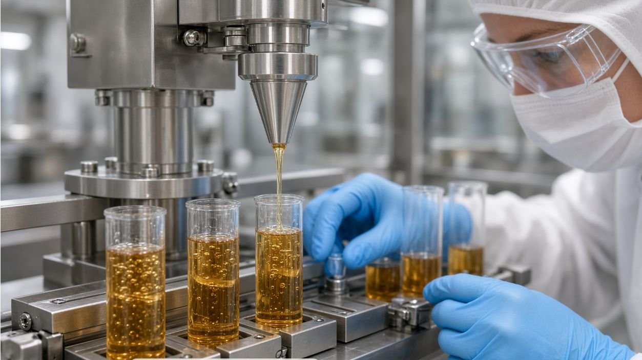 Technician inspecting stringing in gel bait syringe filling
