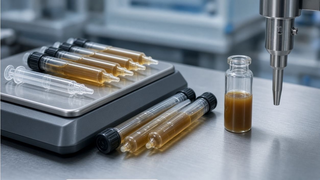 Filled gel bait syringes weighed for net content control