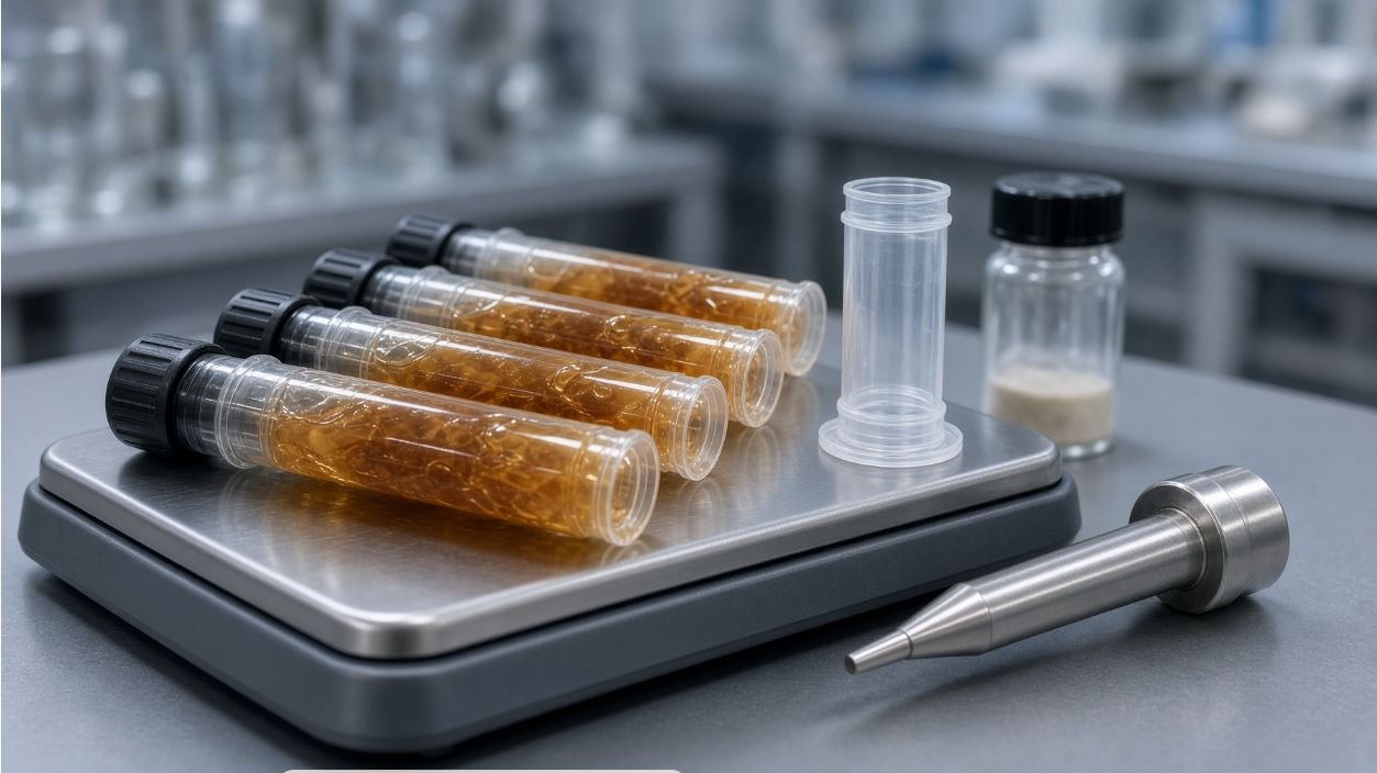 Tare weight and density testing for gel bait syringe filling