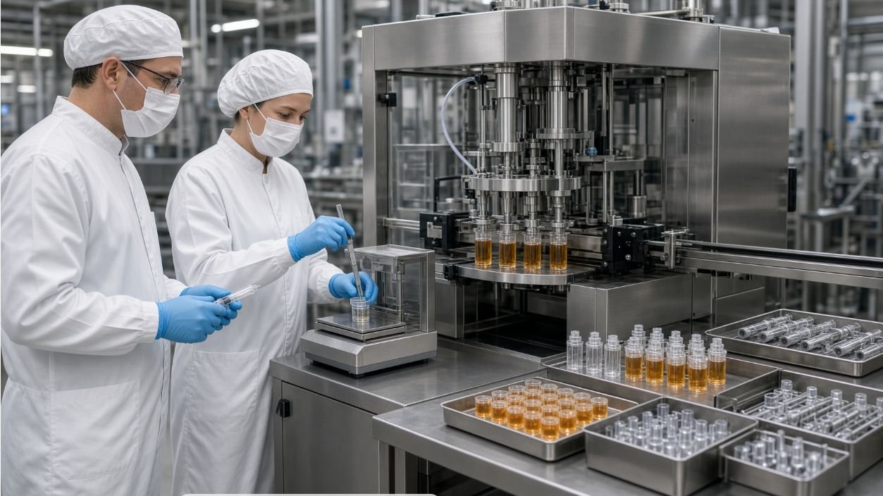 Engineers verifying gel bait syringe filling accuracy during FAT