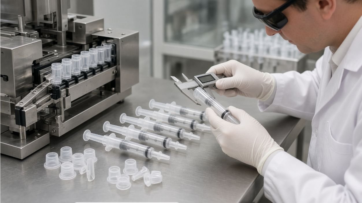 Engineer checking gel bait syringe component compatibility
