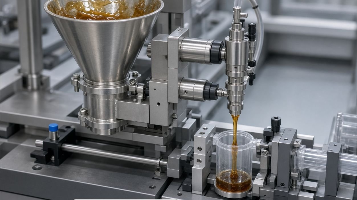 Anti-drip nozzle on gel bait syringe filling machine