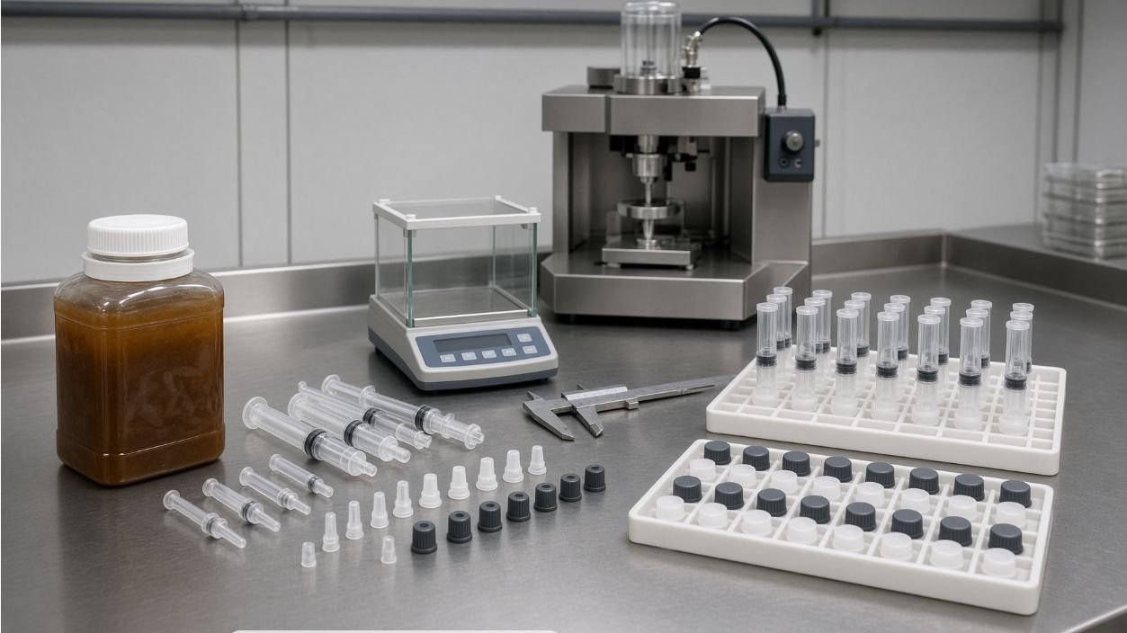 Gel bait syringe trial materials with scale and components