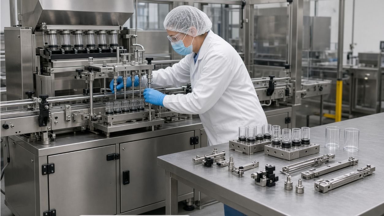 Gel bait syringe format changeover on filling machine