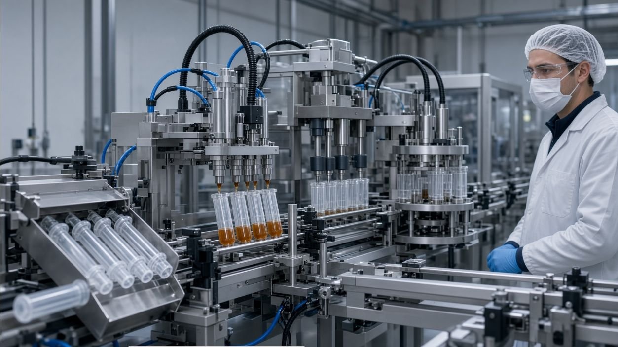 Automatic gel bait syringe filling and capping line