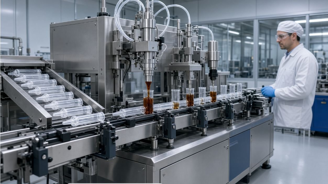 Gel bait syringe automation line with piston insertion