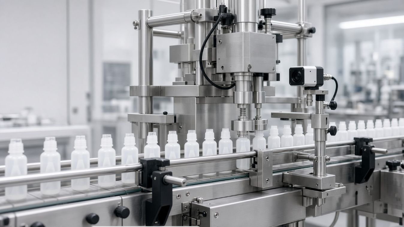 Ophthalmic eye-drop bottles at an insert and cap assembly station for leak-resistant packaging