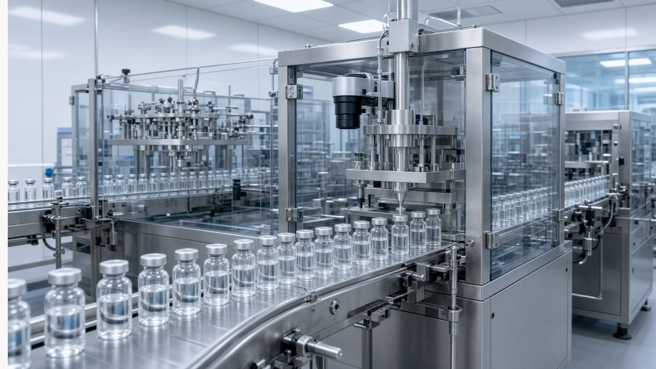 Pharmaceutical vials moving through filling, stoppering and crimp-capping equipment for container closure integrity