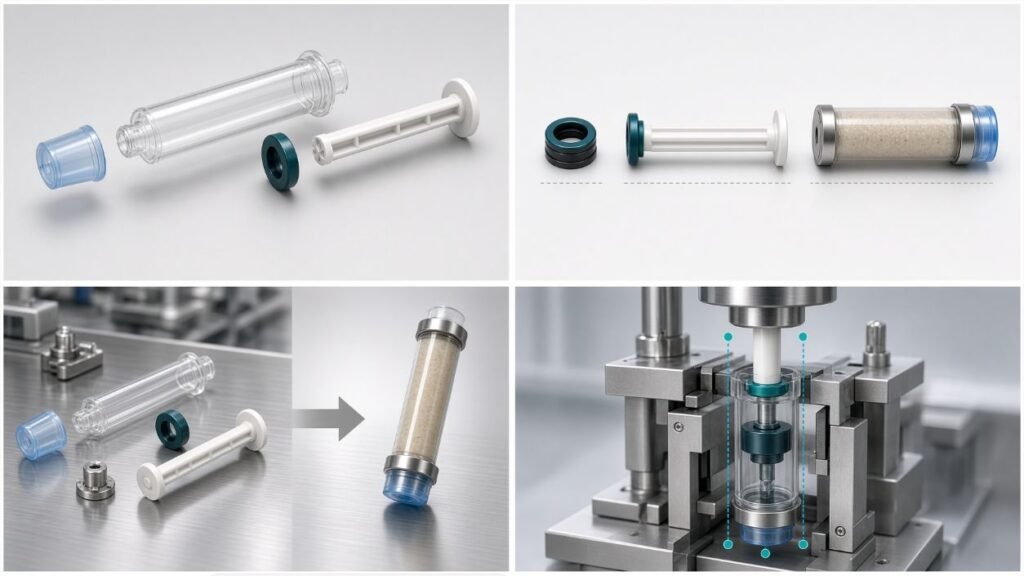 Gel bait syringe piston plunger rod and cartridge terminology diagram