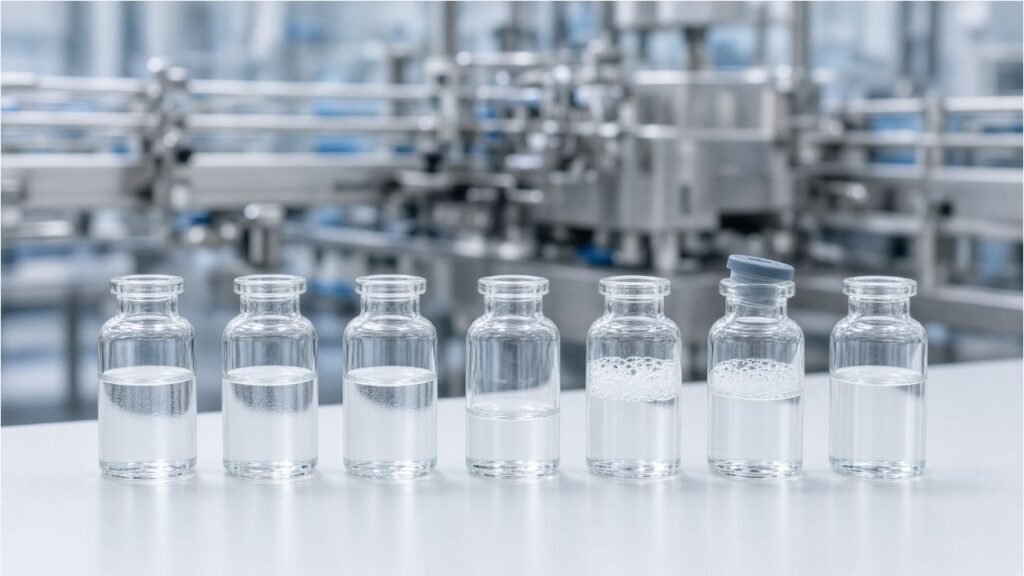 Vial filling defects including underfill foaming and tilted stopper placement