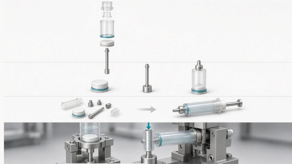 Exploded view of gel bait syringe piston plunger rod and gun-compatible cartridge