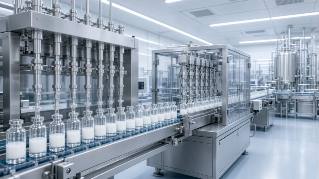 Vial filling and stoppering machine for controlling fill weight and stopper placement