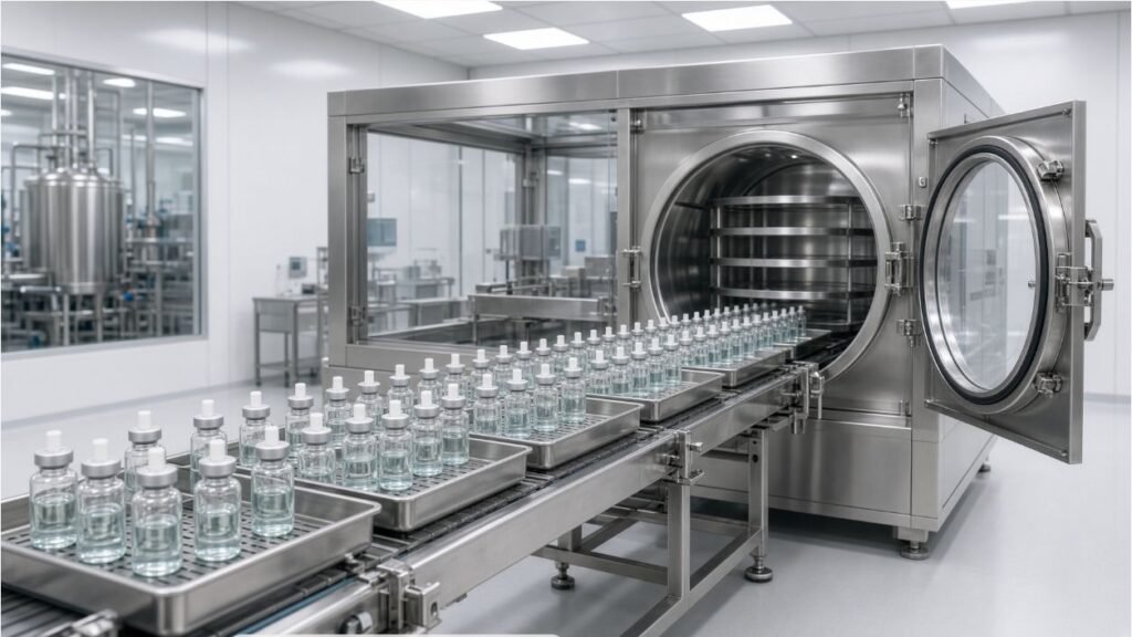 Lyophilized veterinary vaccine vials transferred to freeze dryer after partial stoppering