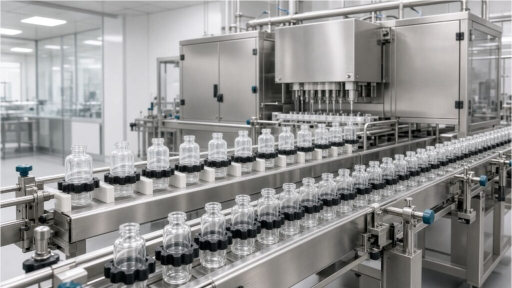 Glass and plastic veterinary vials compared on a filling line