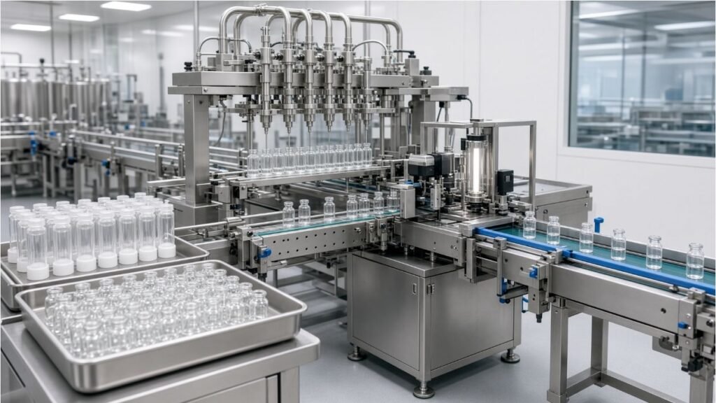 Glass and plastic veterinary vial sample run during filling line FAT
