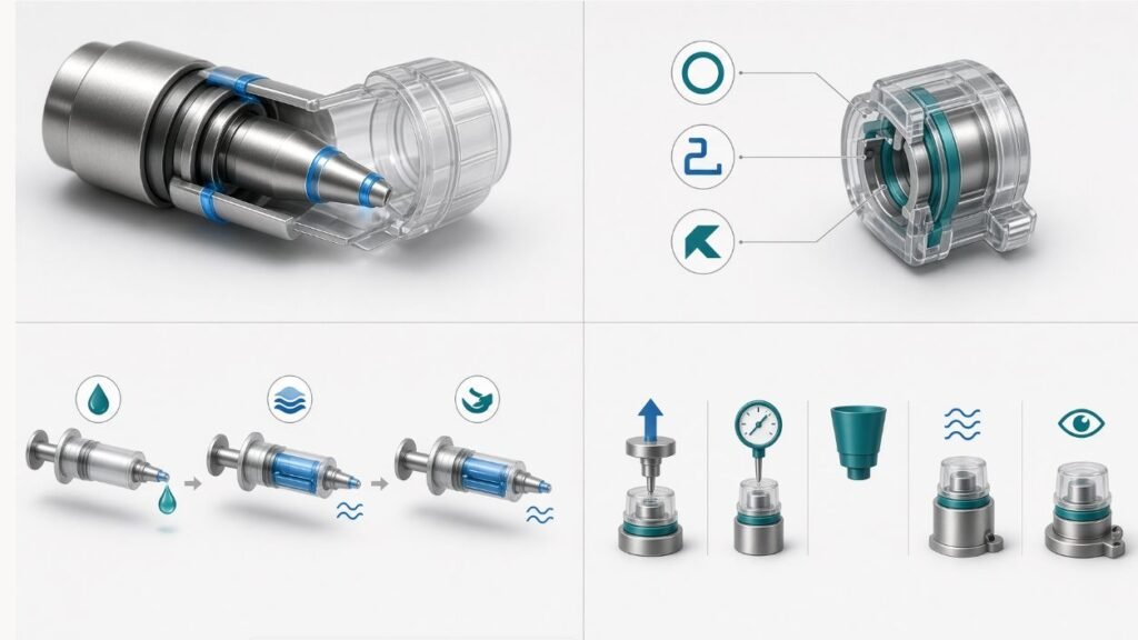 Gel bait syringe tip and cap cross-section showing the sealing interface