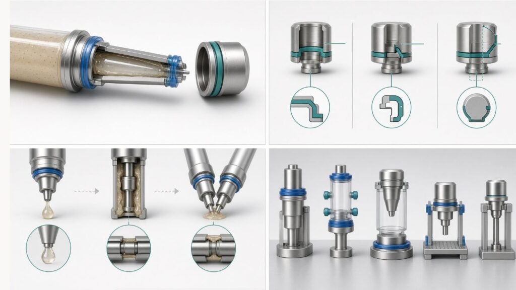 Gel bait syringe closure features for sealing retention and orientation