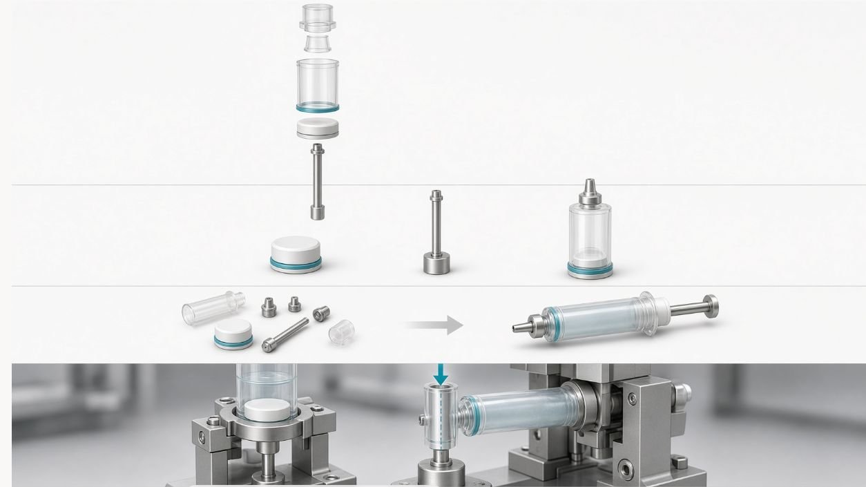 Exploded view of gel bait syringe piston plunger rod and gun-compatible cartridge