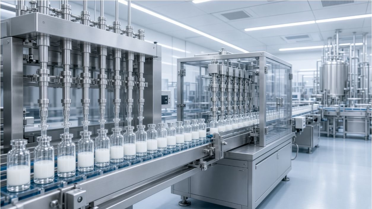 Vial filling and stoppering machine for controlling fill weight and stopper placement