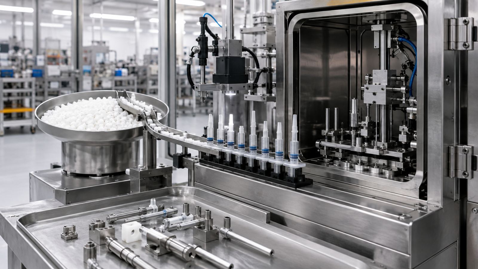 Intramammary syringe capping, inspection and cleaning setup