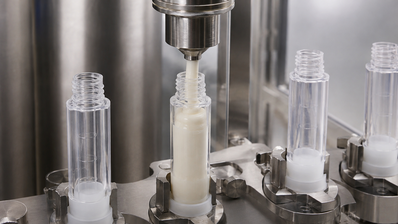 Intramammary syringe filling nozzle with clean cutoff