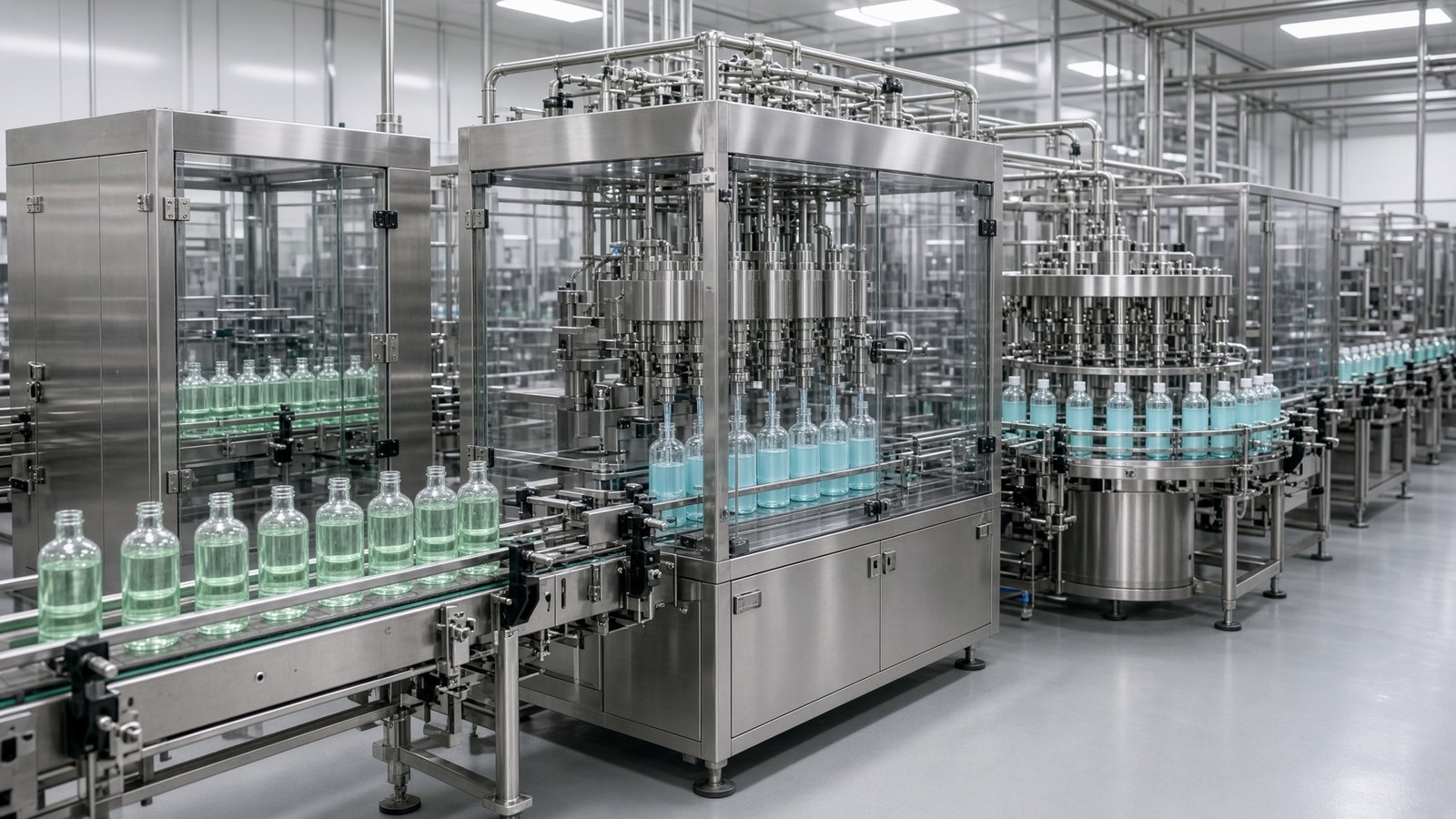 Automated mouthwash bottle rinsing, filling and capping line in a hygienic factory
