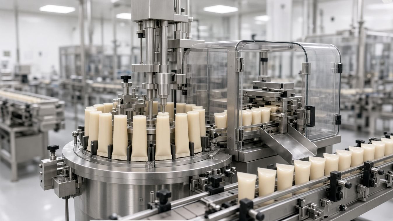Rotary pharmaceutical ointment tube filling and sealing line in a clean production room