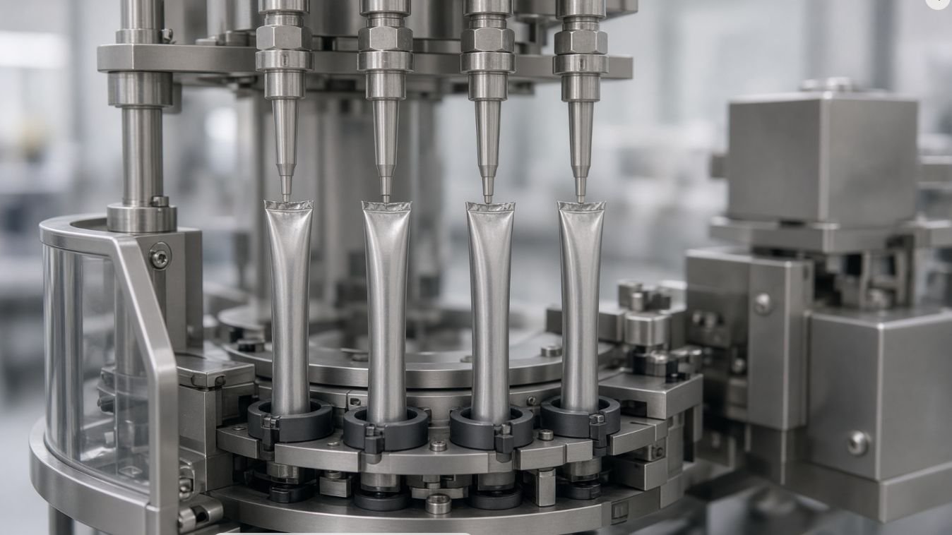 Collapsible ointment tubes aligned beneath stainless metering nozzles on a pharmaceutical filling machine