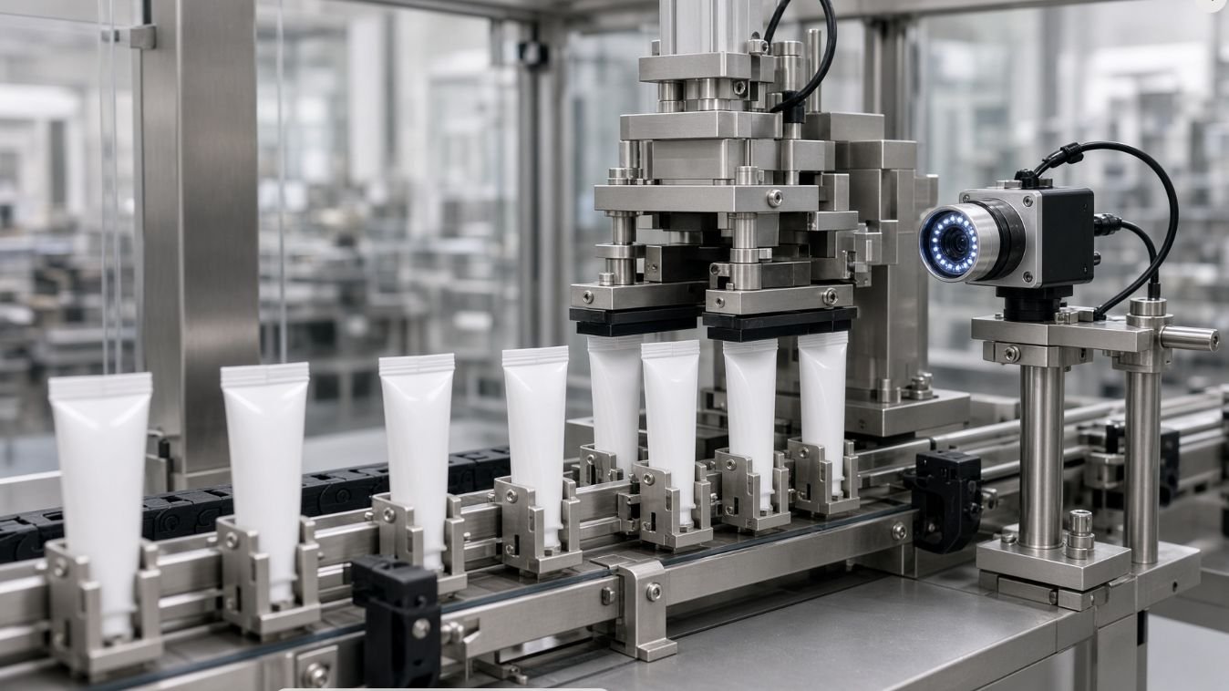 Pharmaceutical ointment tubes passing a tail-sealing station with an optical inspection camera