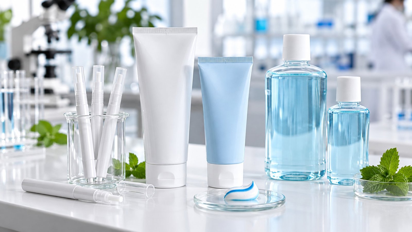 Toothpaste tubes, dental cleaning pens and mouthwash bottles in an oral-care laboratory