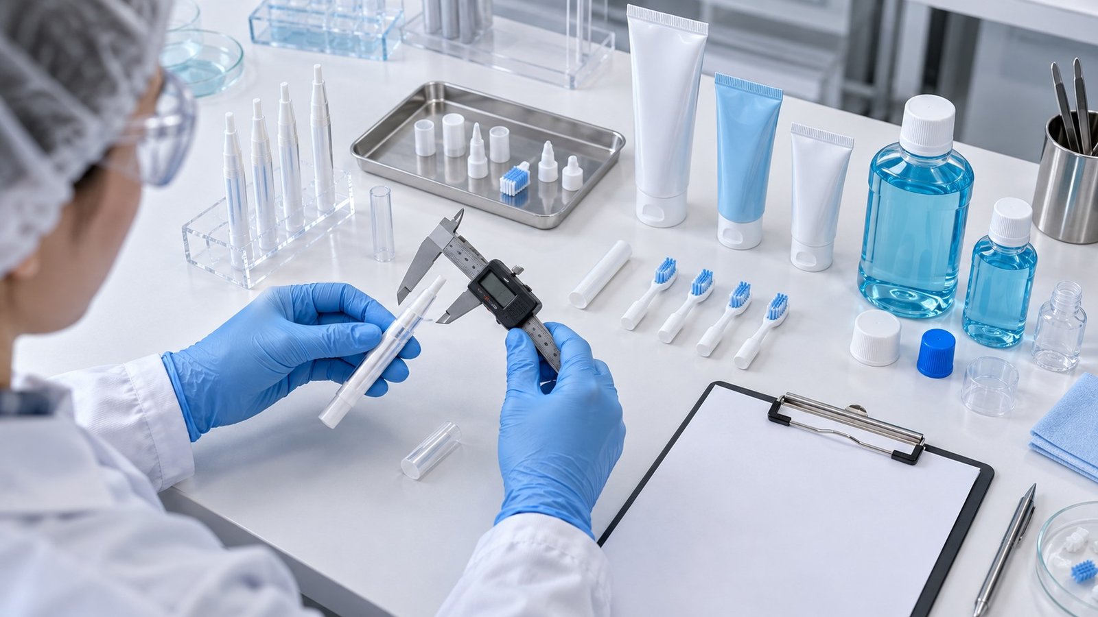 Packaging engineer measuring oral-care pen, tube and bottle components