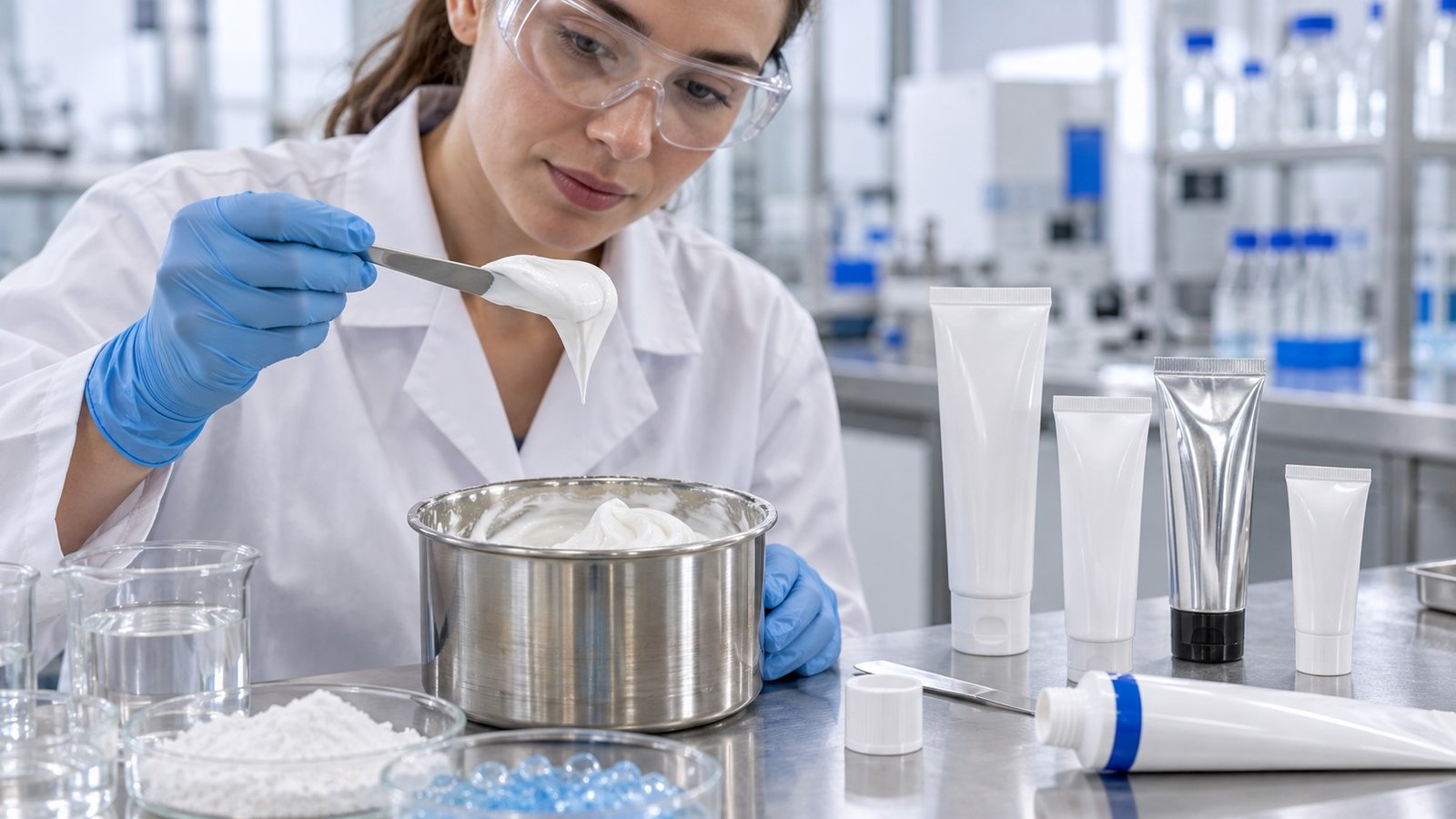 Scientist reviewing toothpaste texture and multiple toothpaste tube formats